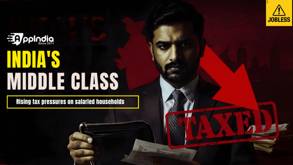 Graphic depicting India’s middle-class crisis with rising tax burden, job slowdown and stagnating wages.
