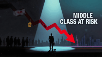 Graphic depicting India’s middle-class crisis with rising tax burden, job slowdown and stagnating wages.