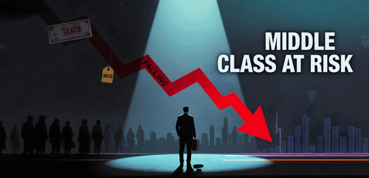 Graphic depicting India’s middle-class crisis with rising tax burden, job slowdown and stagnating wages.