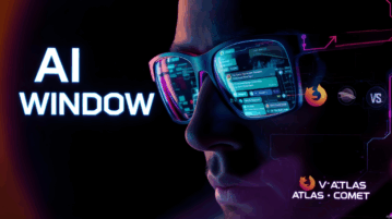 Illustration of Firefox’s new AI Window technology competing with Atlas and Comet browsers in the global browser market.