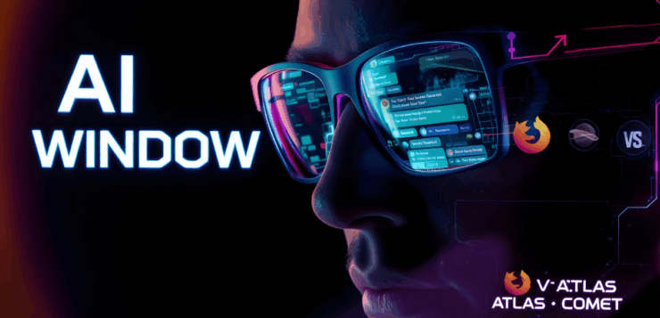 Illustration of Firefox’s new AI Window technology competing with Atlas and Comet browsers in the global browser market.